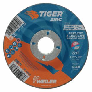 10 PACK || Tiger® Grinding Wheel, 4-1/2 in dia x 1/4 in Thick x 7/8 in Arbor, 24 Grit, Zirconia Alumina/Ceramic, Type 27, 10 EA/PK